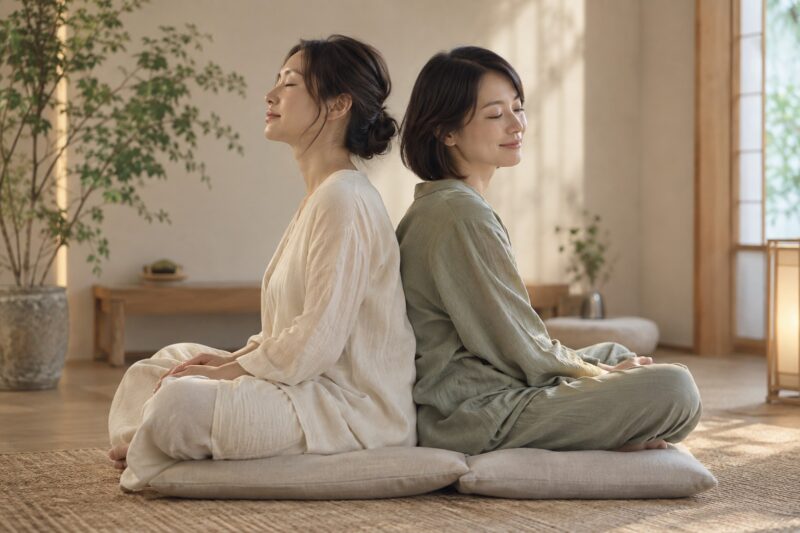 背中を合わせて座り、お互いの存在を感じるペアのイメージ