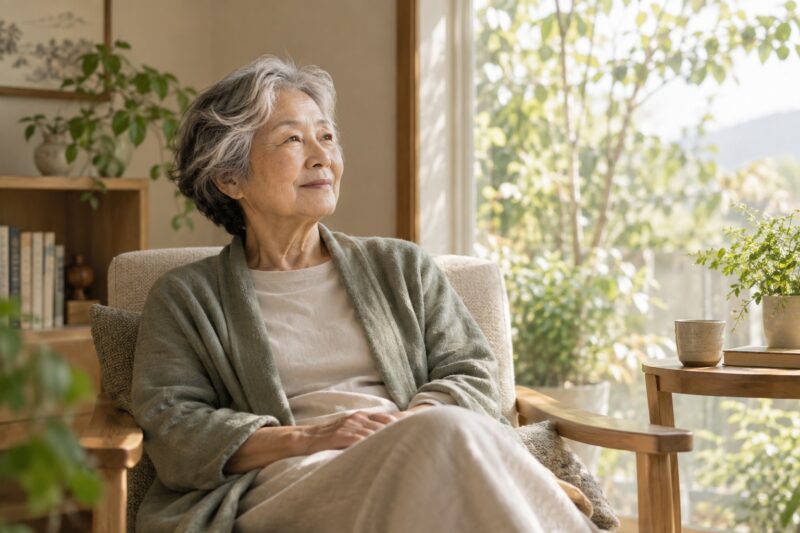 椅子でゆったりと音に耳を傾ける高齢女性のイメージ