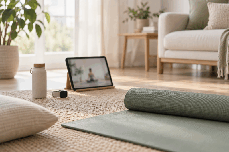 自宅での運動に使うタブレットとヨガマット