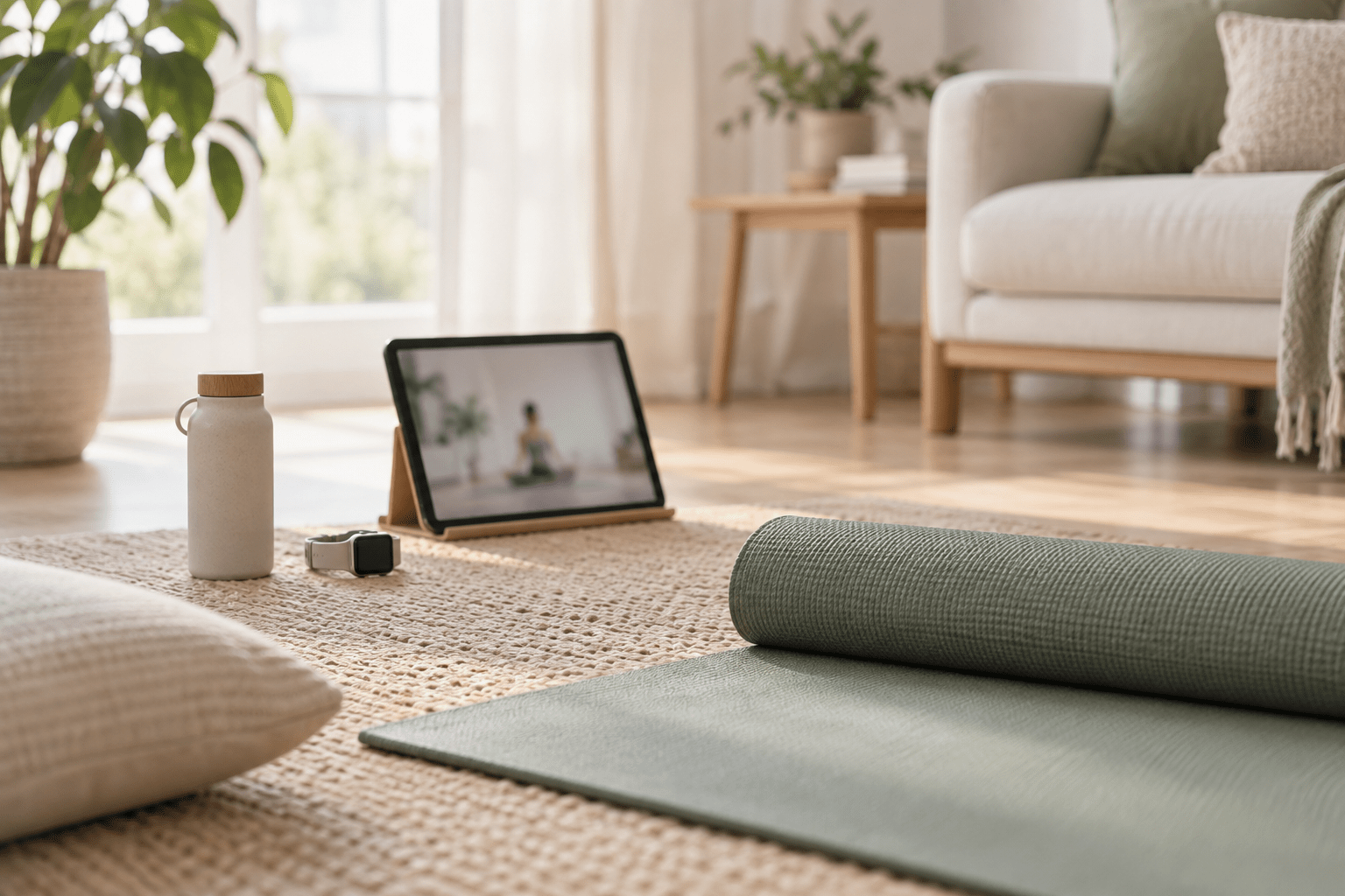 自宅での運動に使うタブレットとヨガマット