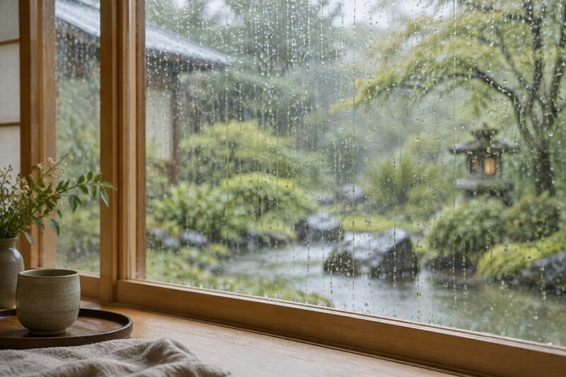 雨の日の窓辺と静かな庭のイメージ