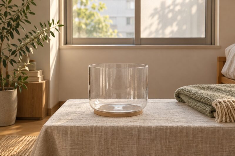 閉じた窓のそばに置いたクリスタルボウルの自宅練習イメージ