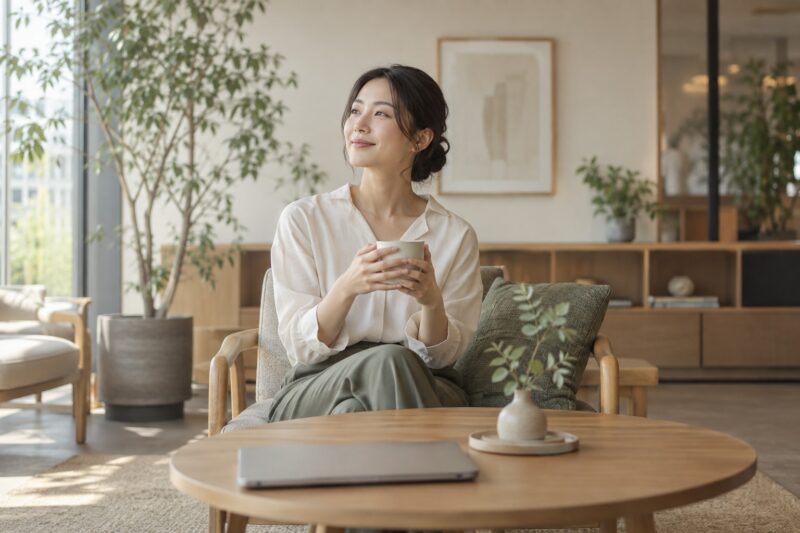 仕事の合間に静かな休息を取る女性のイメージ
