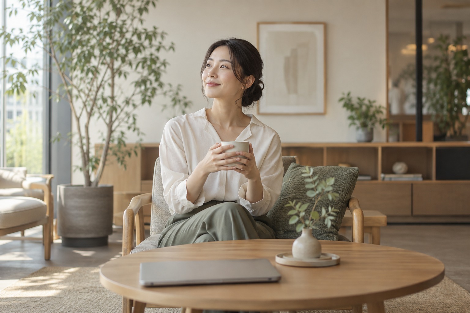 仕事の合間に静かな休息を取る女性のイメージ