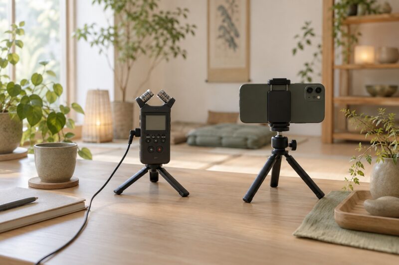 オンライン配信用の録音機器とスマートフォン