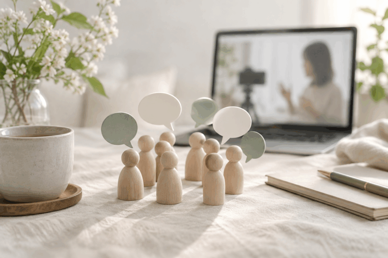 動画をきっかけにした会話を表す木の人形と吹き出し（AI生成イメージ）