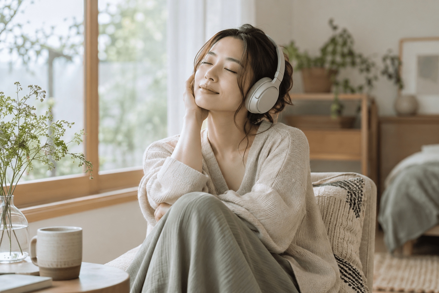窓辺でヘッドホンを使って音楽を聴く女性