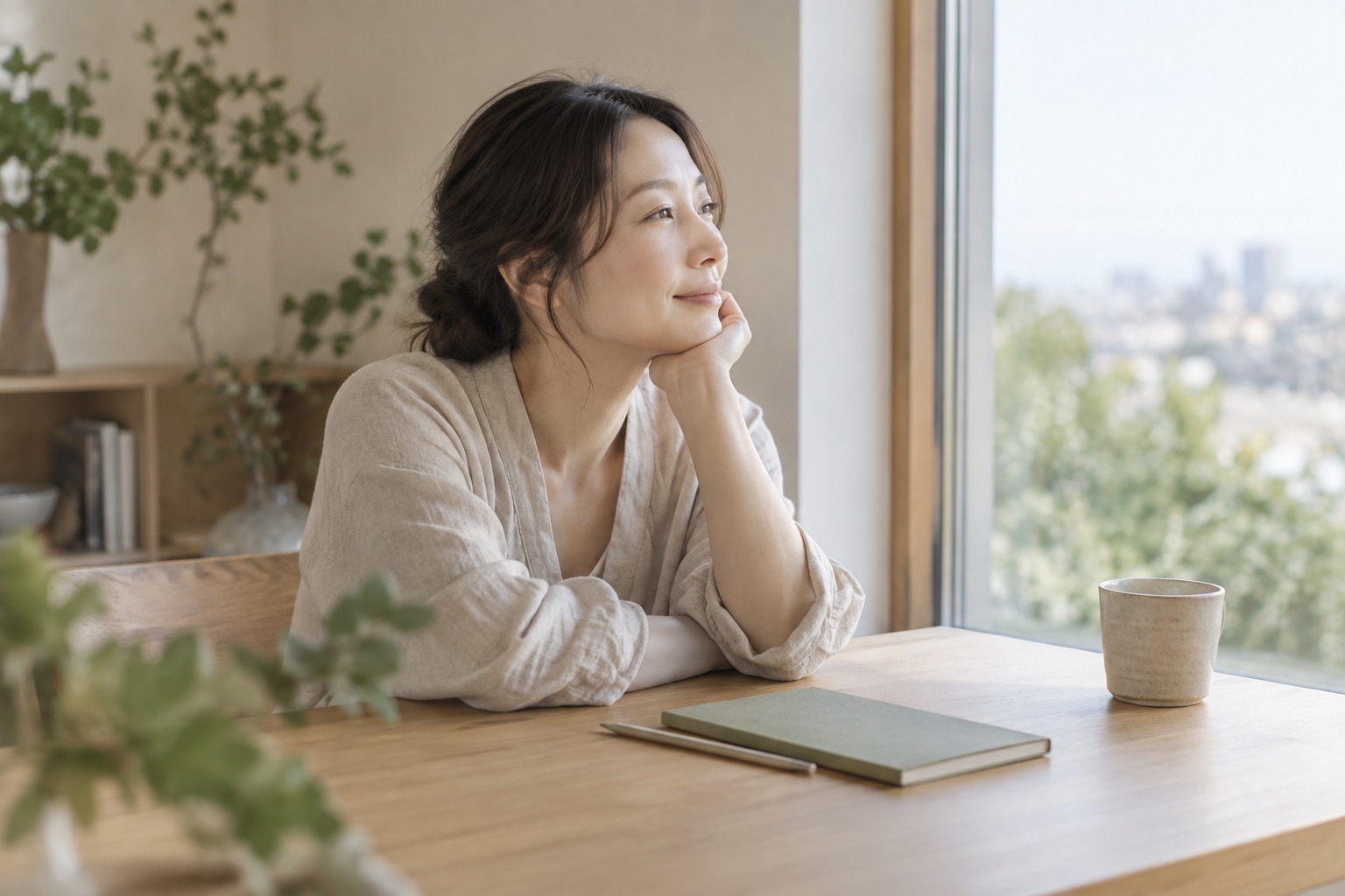 勉強の合間に窓辺で休息する女性