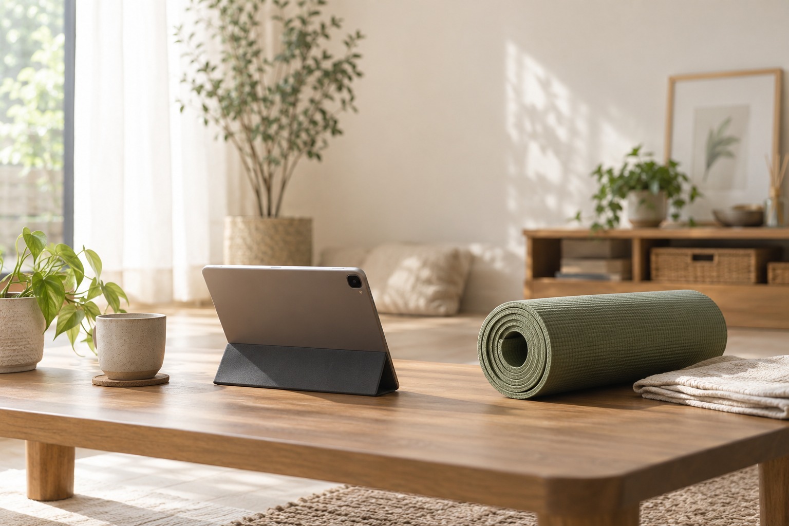 自宅でオンラインヨガに参加するためのマットとタブレット