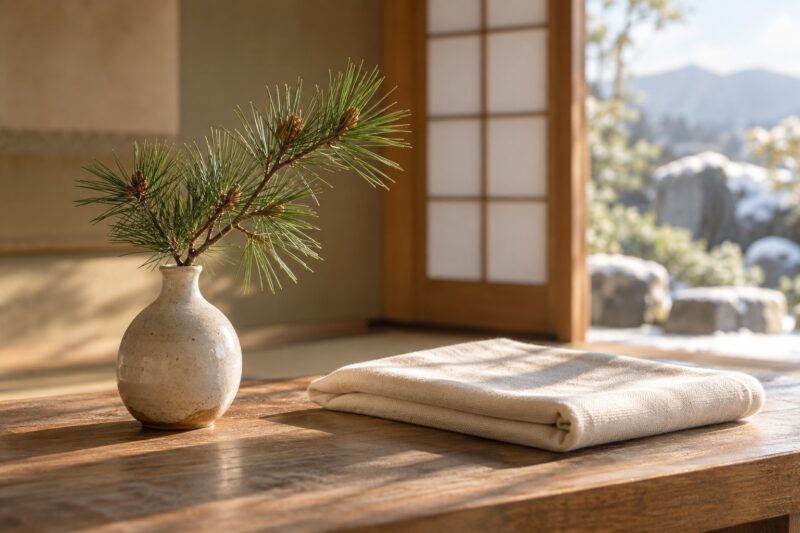 新年の静かな朝を表す松の枝とやわらかな光