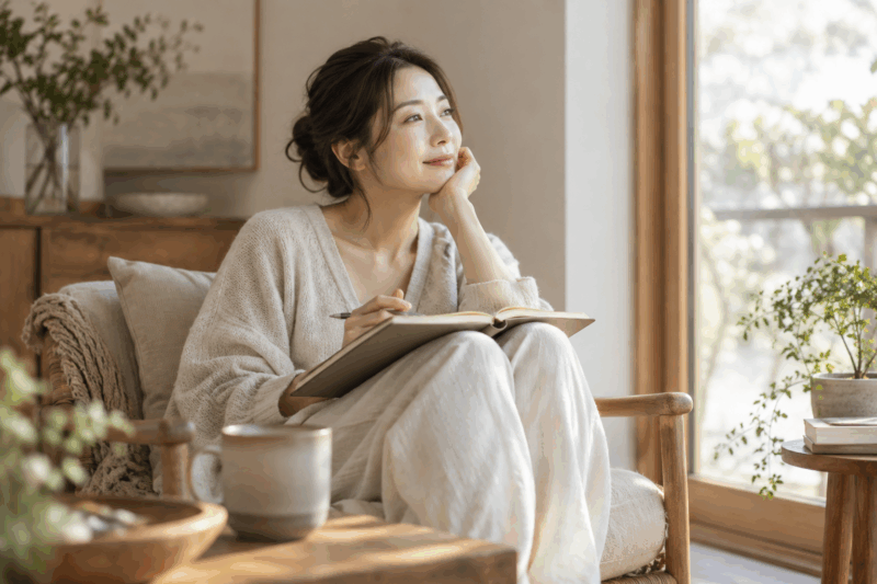 窓辺でノートを広げ、自分の気持ちを振り返る女性