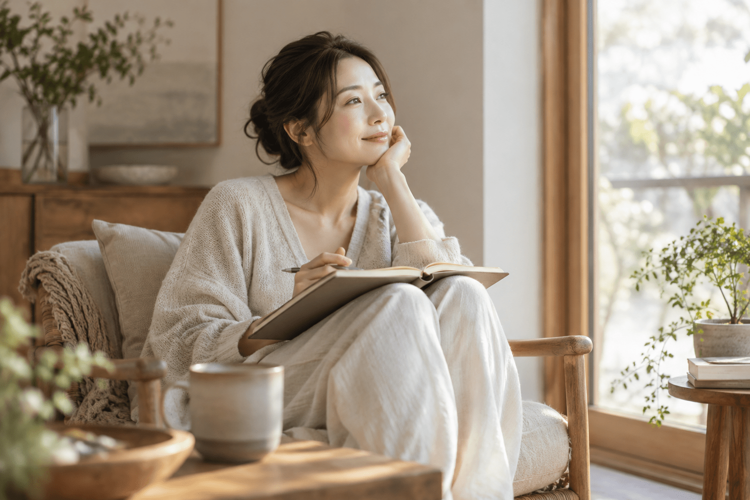 窓辺でノートを広げ、自分の気持ちを振り返る女性