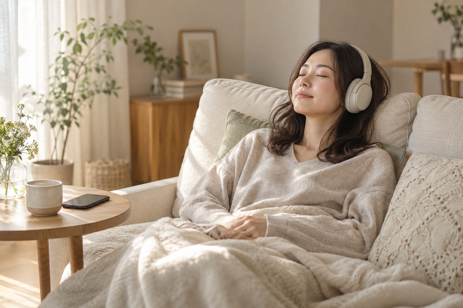 ソファでヘッドホンを使い音を聴く女性のイメージ