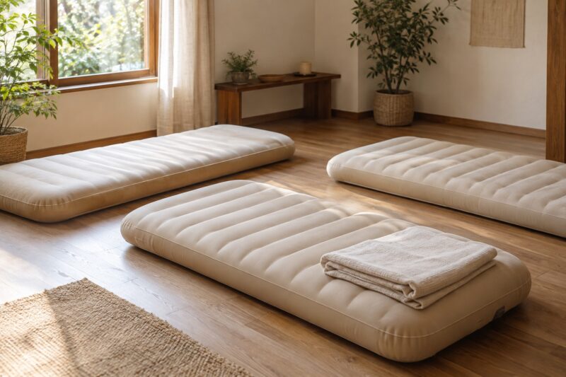 休息のために並べたマットのイメージ