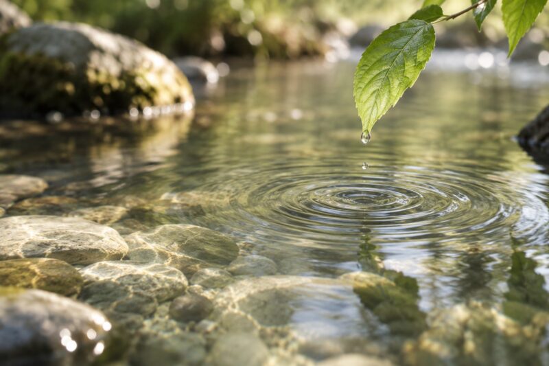 葉と水面の波紋から自然の動きを感じるイメージ