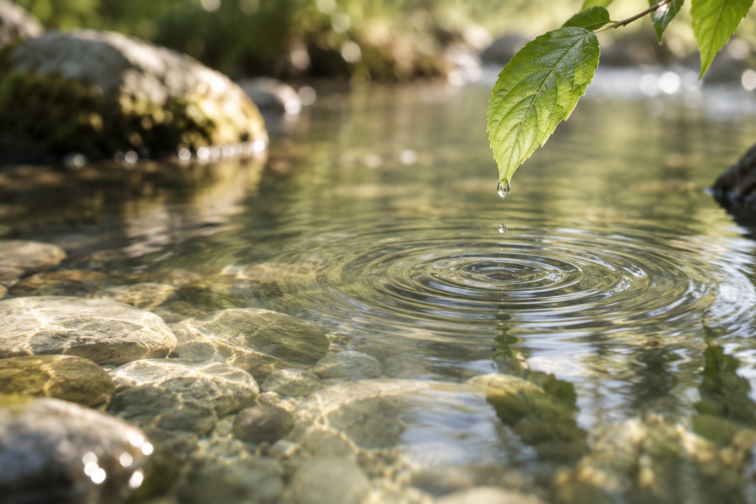 葉と水面の波紋から自然の動きを感じるイメージ