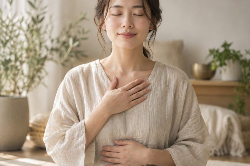 胸とお腹に優しく手を添える女性