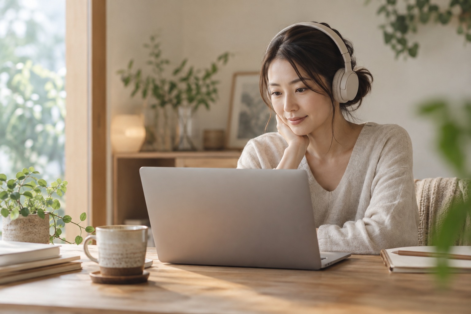 音を確認しながらオンラインで商品を検討する女性